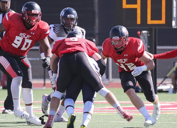 MSJC's #42 Steven Bradshaw was named the American Mountain League Defensive Player of the Year after leading the SCFA in tackles for the season.  Bradshaw made 108 tackles in 11 games for the Eagles helping them to an 8-3 record.  (DeeAnn Bradley/MSJC)