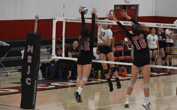 MSJC's Faith Galvan #12 and Makenzie Nutting #16 helped the Eagles to a 3-0 sweep of visiting East LA on Wednesday night.